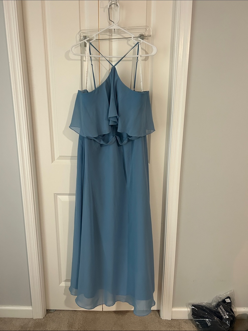 Azazie Dusty Blue Maxi Dress with Ruffle Overlay